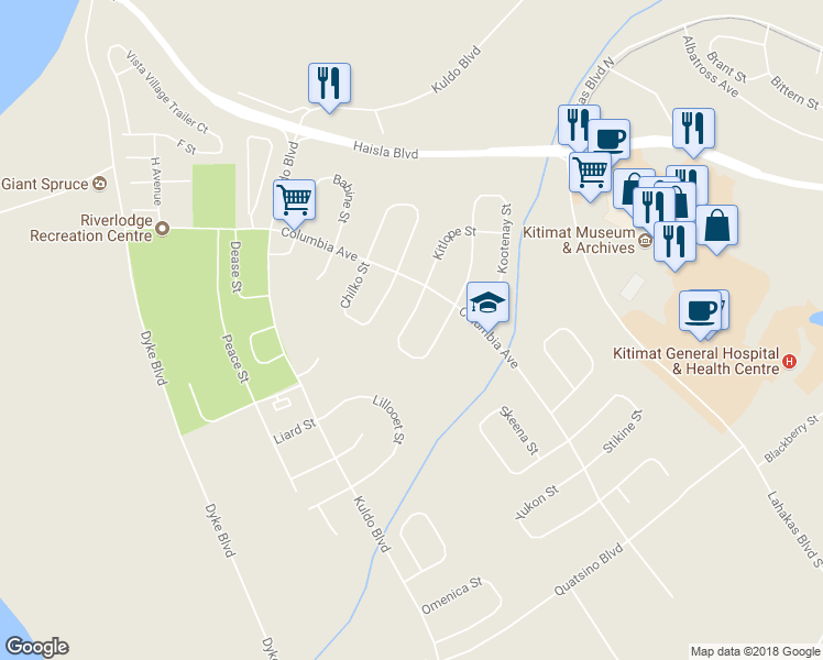 map of restaurants, bars, coffee shops, grocery stores, and more near 28 Kechika Street in Kitimat