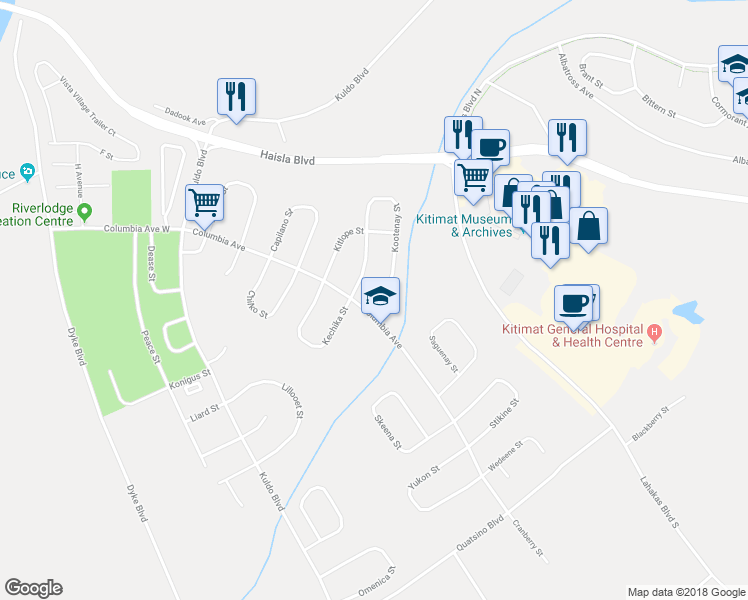 map of restaurants, bars, coffee shops, grocery stores, and more near 159 Kootenay Street in Kitimat