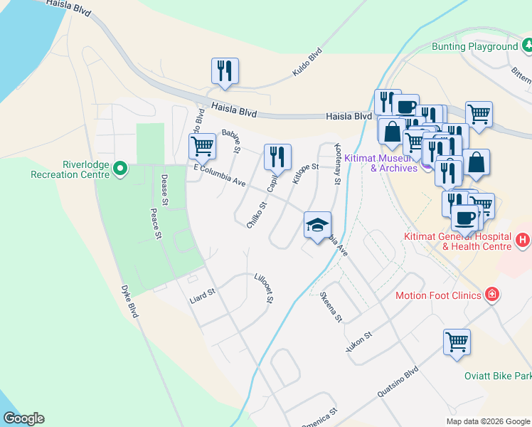 map of restaurants, bars, coffee shops, grocery stores, and more near 71 Chilko Street in Kitimat