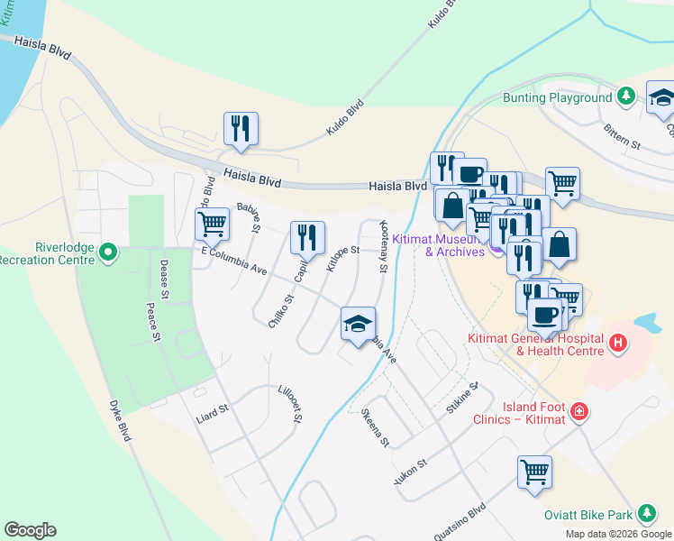 map of restaurants, bars, coffee shops, grocery stores, and more near 23 Kitlope Street in Kitimat
