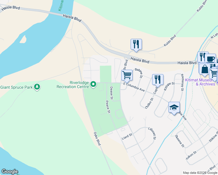 map of restaurants, bars, coffee shops, grocery stores, and more near 5 Dease Street in Kitimat