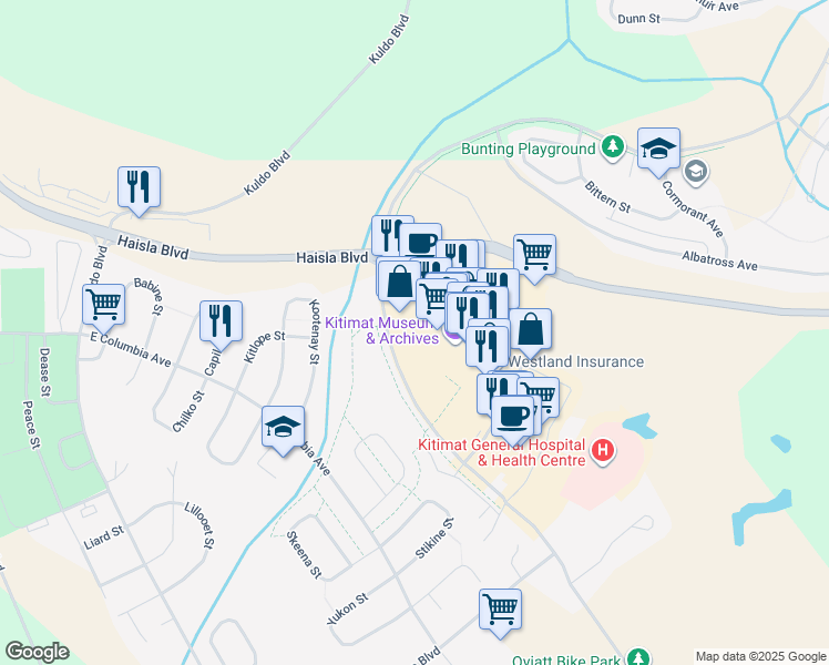 map of restaurants, bars, coffee shops, grocery stores, and more near in Kitimat