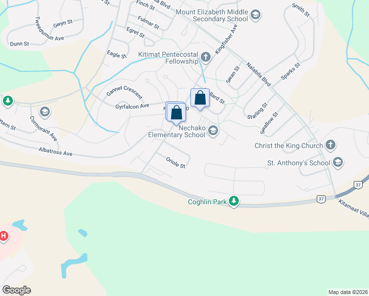map of restaurants, bars, coffee shops, grocery stores, and more near 91 Oriole Street in Kitimat