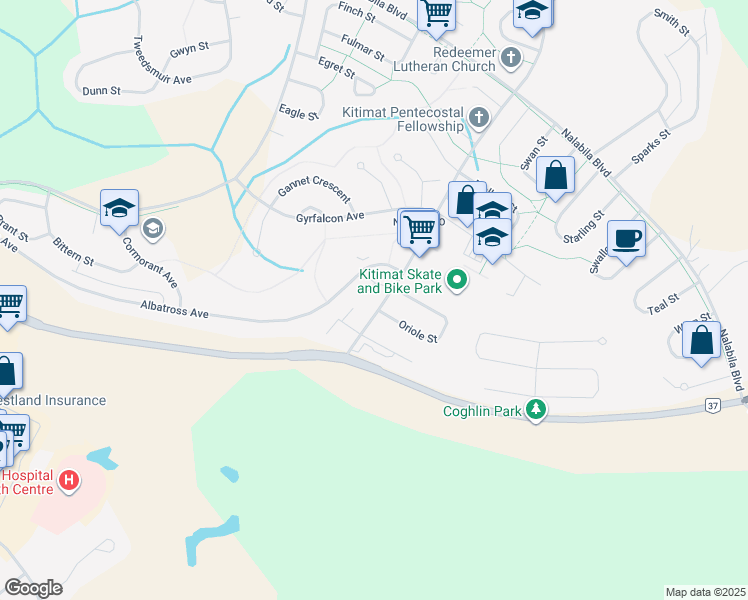map of restaurants, bars, coffee shops, grocery stores, and more near 1567 Albatross Avenue in Kitimat