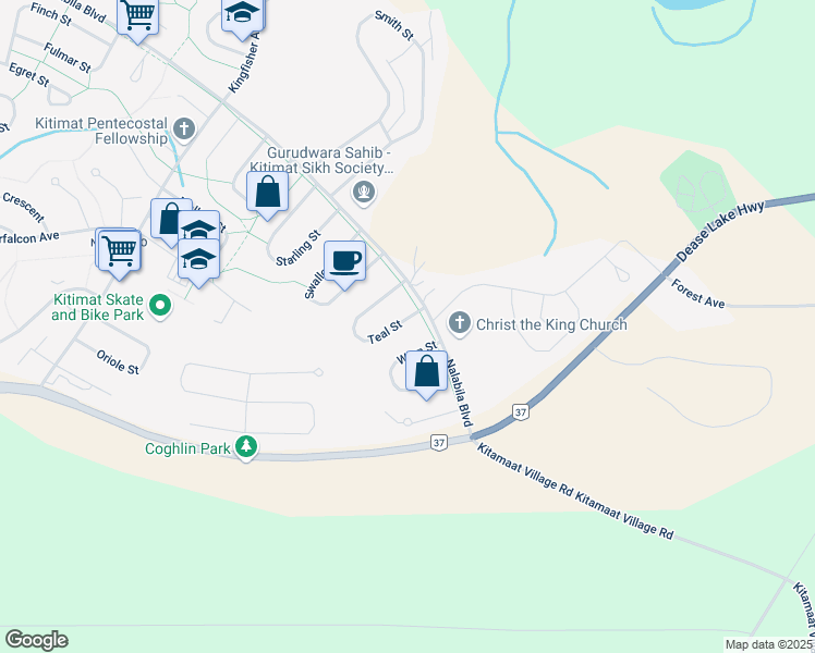 map of restaurants, bars, coffee shops, grocery stores, and more near 85 Teal Street in Kitimat