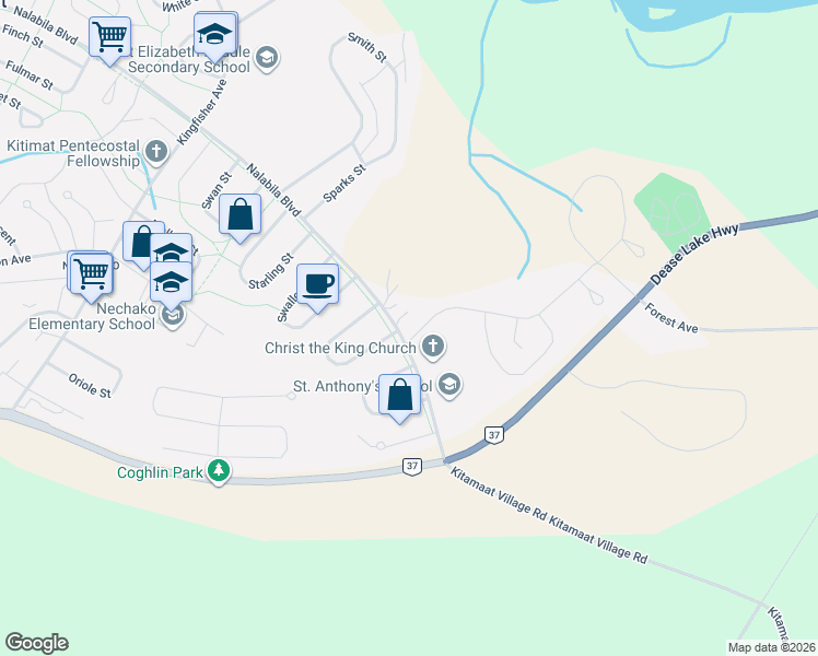 map of restaurants, bars, coffee shops, grocery stores, and more near 4 Wakita Avenue in Kitimat