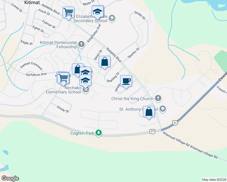map of restaurants, bars, coffee shops, grocery stores, and more near 51 Swallow Street in Kitimat