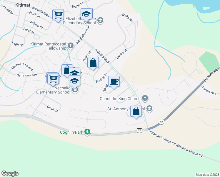 map of restaurants, bars, coffee shops, grocery stores, and more near 60 Swallow Street in Kitimat