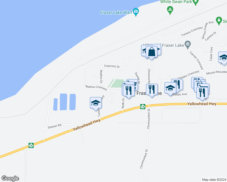 map of restaurants, bars, coffee shops, grocery stores, and more near 84 Endako Avenue in Fraser Lake