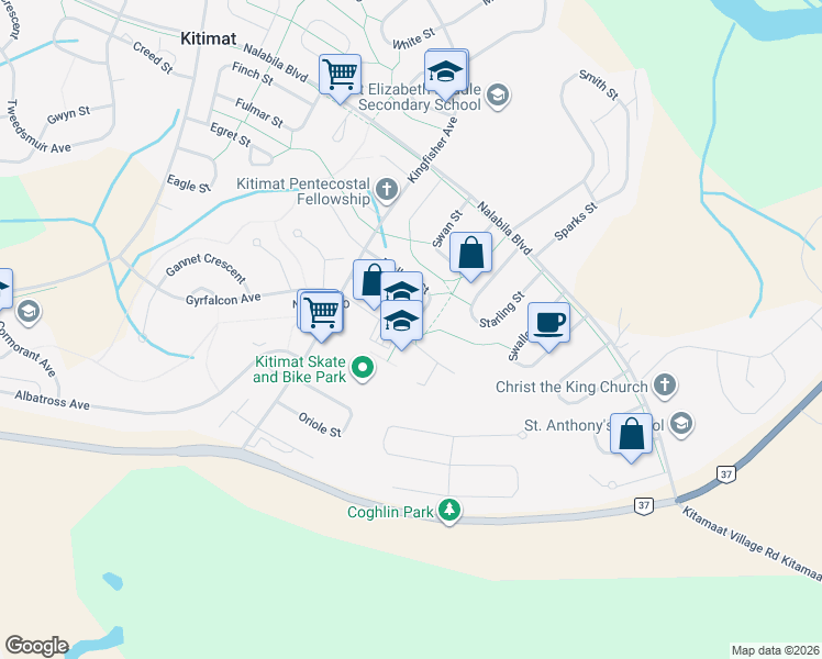 map of restaurants, bars, coffee shops, grocery stores, and more near 49 Mallard Street in Kitimat