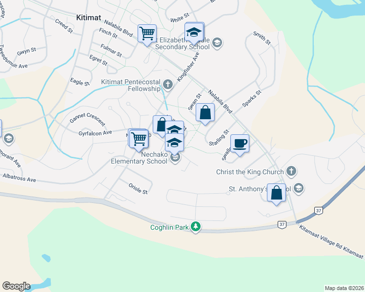map of restaurants, bars, coffee shops, grocery stores, and more near 57 Mallard Street in Kitimat