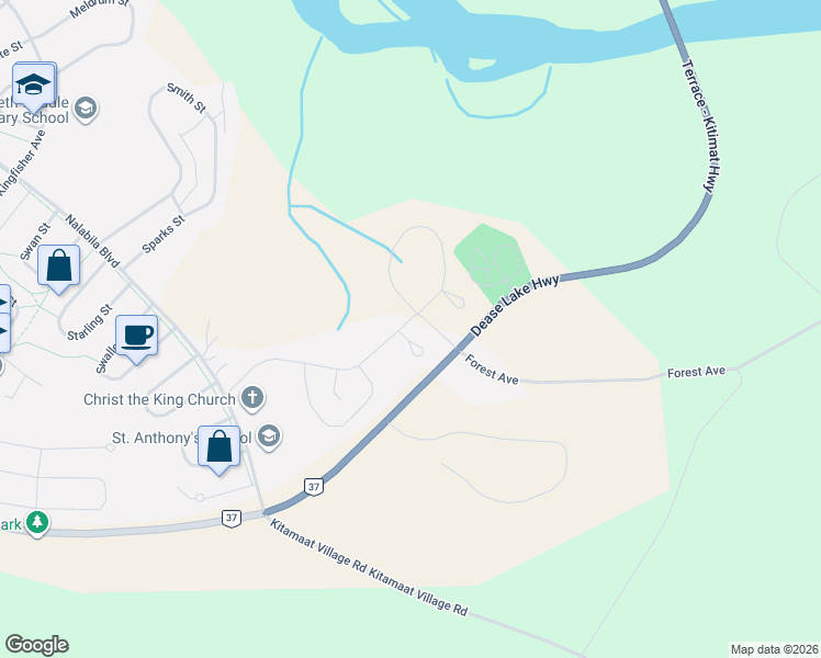 map of restaurants, bars, coffee shops, grocery stores, and more near 6 Robinson Street in Kitimat