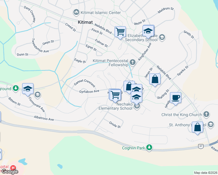 map of restaurants, bars, coffee shops, grocery stores, and more near 5 Grebe Street in Kitimat
