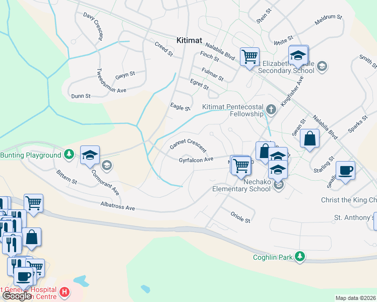 map of restaurants, bars, coffee shops, grocery stores, and more near 18 Gander Crescent in Kitimat