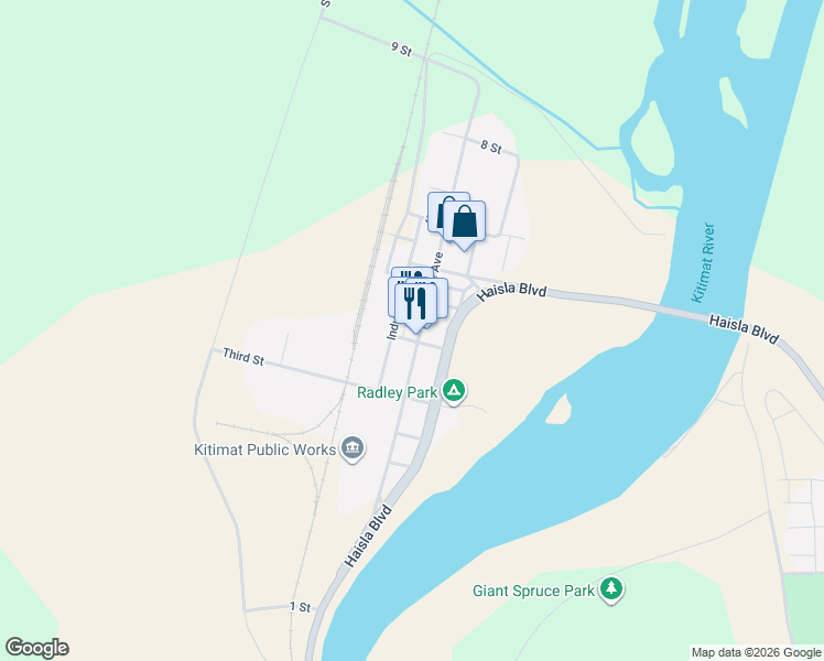 map of restaurants, bars, coffee shops, grocery stores, and more near 408 Enterprise Avenue in Kitimat