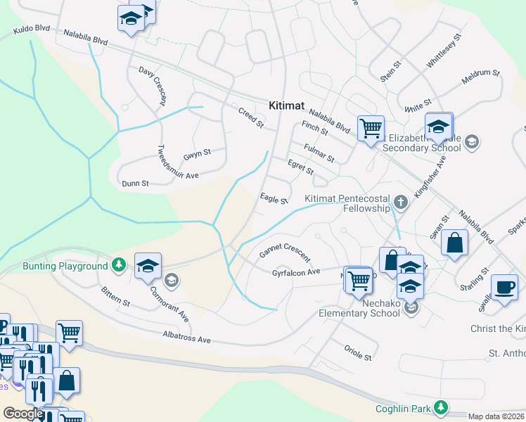 map of restaurants, bars, coffee shops, grocery stores, and more near 4 Drake Street in Kitimat