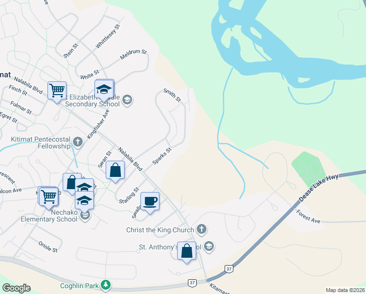 map of restaurants, bars, coffee shops, grocery stores, and more near 140 Smith Street in Kitimat