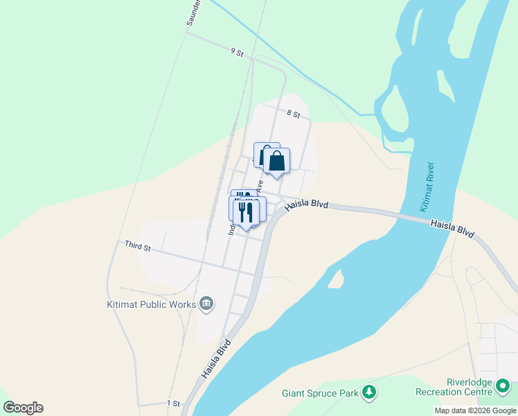 map of restaurants, bars, coffee shops, grocery stores, and more near 176 Fifth Street in Kitimat