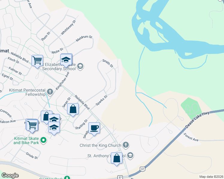 map of restaurants, bars, coffee shops, grocery stores, and more near 135 Smith Street in Kitimat