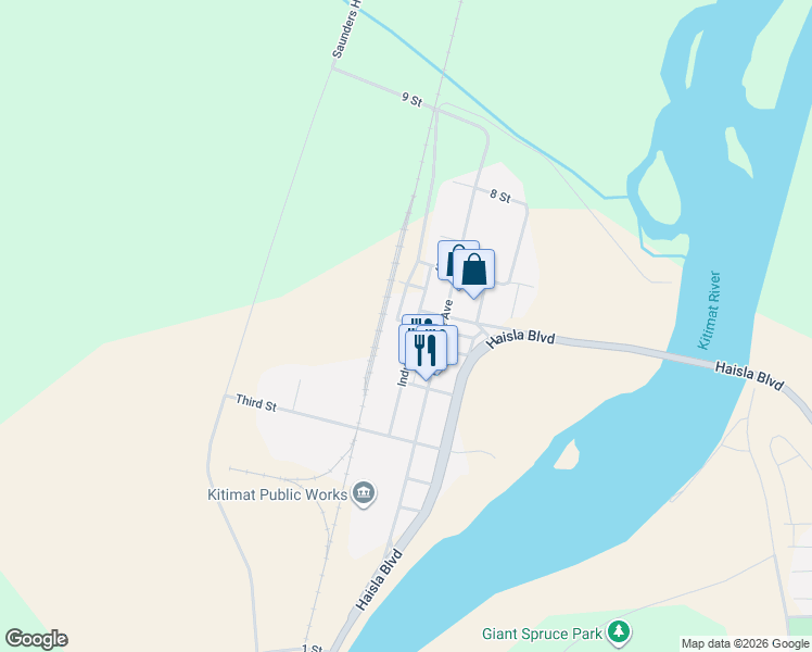 map of restaurants, bars, coffee shops, grocery stores, and more near Industrial Avenue in Kitimat-Stikine