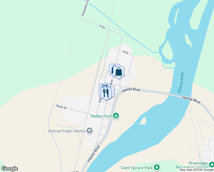 map of restaurants, bars, coffee shops, grocery stores, and more near 506 Enterprise Avenue in Kitimat
