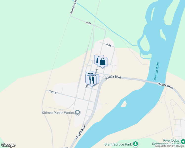map of restaurants, bars, coffee shops, grocery stores, and more near 506 Enterprise Avenue in Kitimat