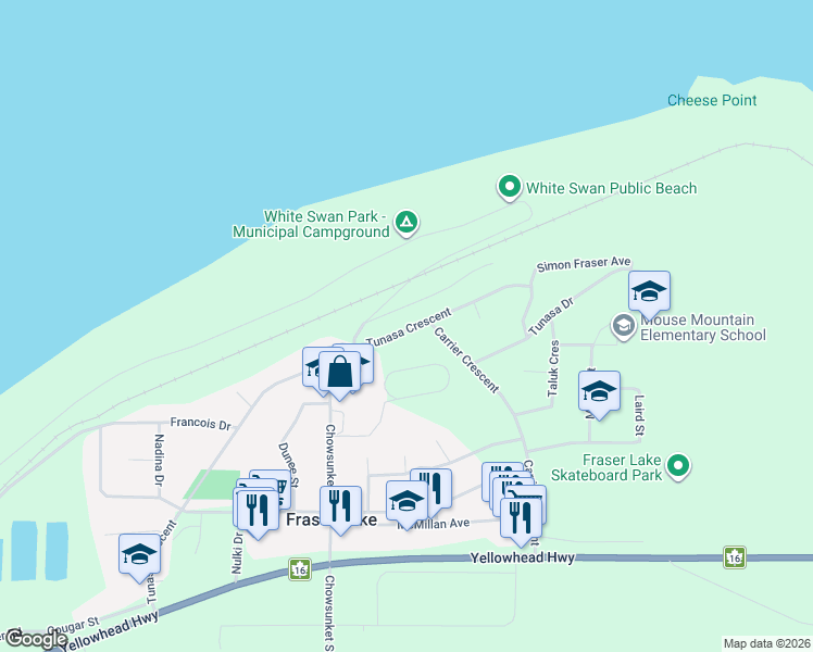 map of restaurants, bars, coffee shops, grocery stores, and more near 296 Tunasa Crescent in Fraser Lake