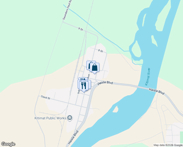 map of restaurants, bars, coffee shops, grocery stores, and more near 615 Enterprise Avenue in Kitimat