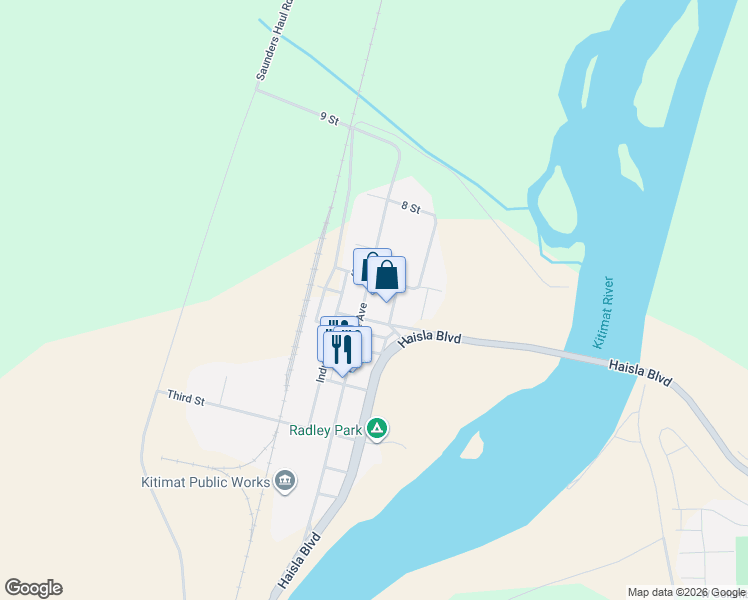 map of restaurants, bars, coffee shops, grocery stores, and more near 615 Enterprise Avenue in Kitimat