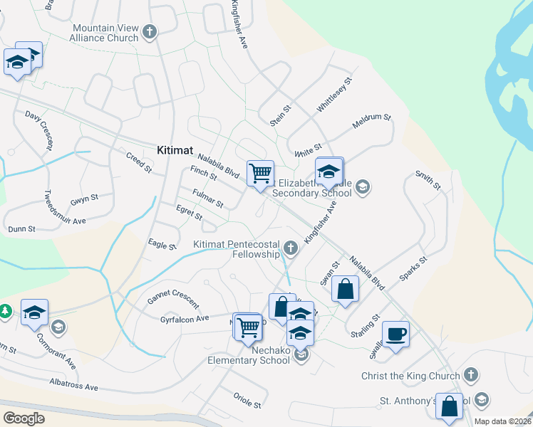 map of restaurants, bars, coffee shops, grocery stores, and more near 1425 Nalabila Boulevard in Kitimat