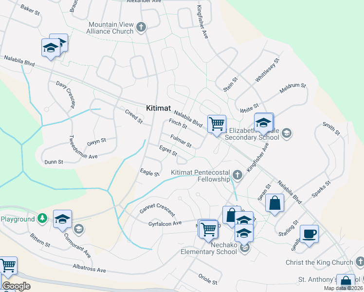 map of restaurants, bars, coffee shops, grocery stores, and more near 31 Fulmar Street in Kitimat