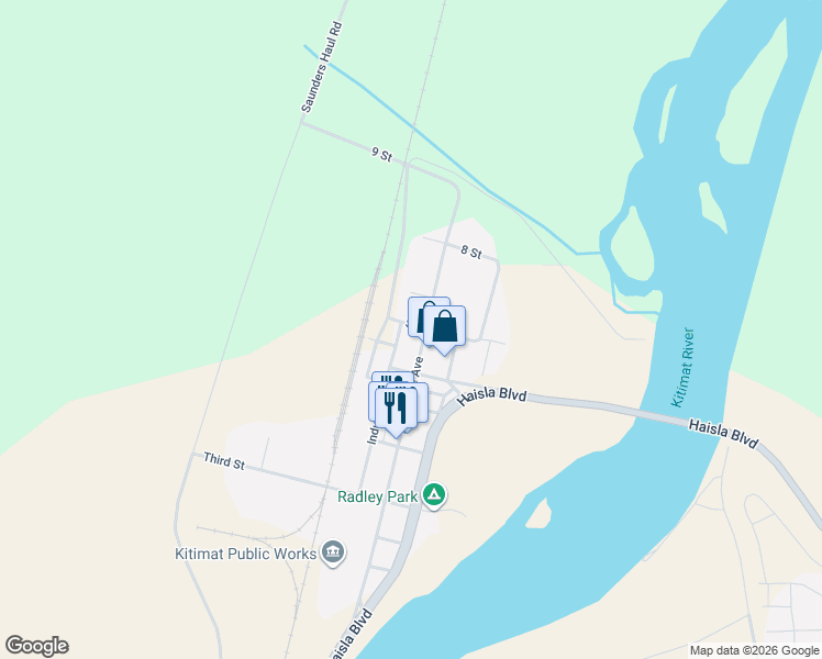 map of restaurants, bars, coffee shops, grocery stores, and more near 626 Enterprise Avenue in Kitimat