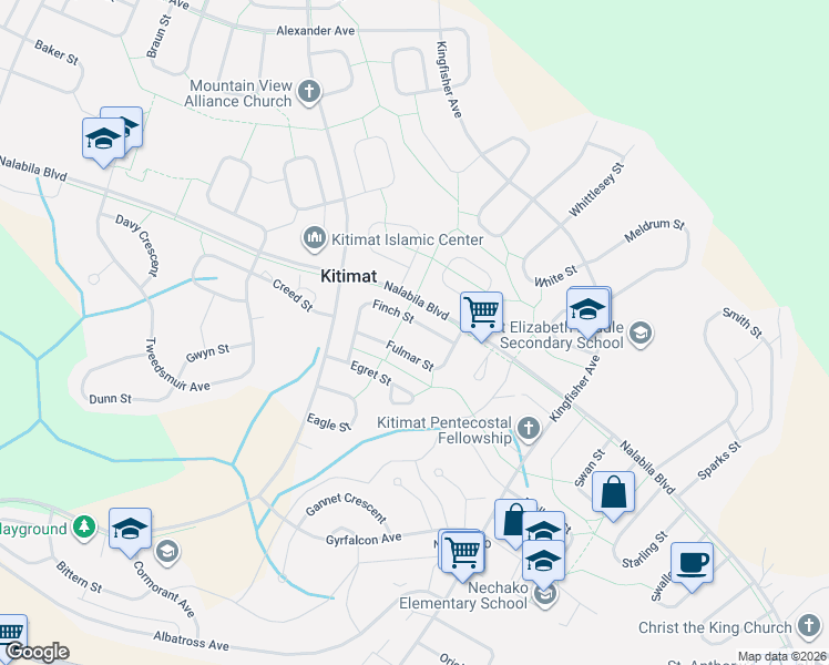 map of restaurants, bars, coffee shops, grocery stores, and more near 24 Finch Street in Kitimat