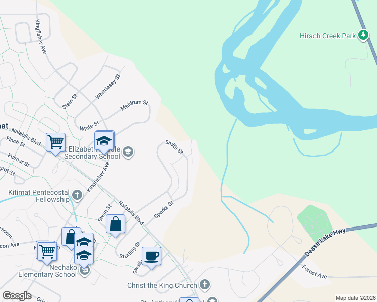map of restaurants, bars, coffee shops, grocery stores, and more near 90 Smith Street in Kitimat