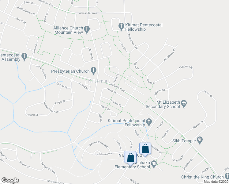 map of restaurants, bars, coffee shops, grocery stores, and more near Finch Street in Kitimat