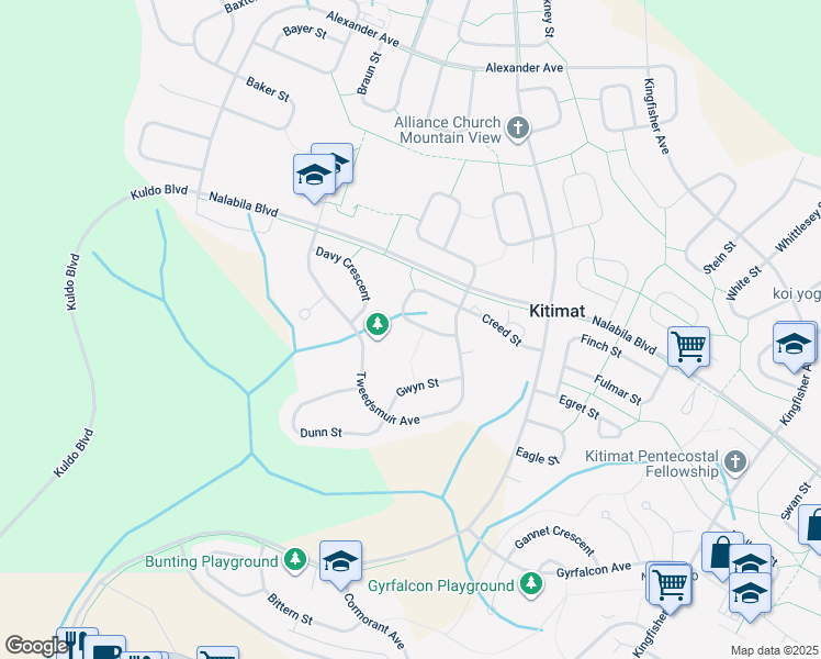 map of restaurants, bars, coffee shops, grocery stores, and more near 24 Farrow Street in Kitimat