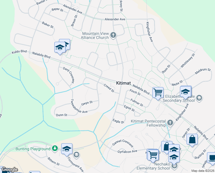map of restaurants, bars, coffee shops, grocery stores, and more near 21 Creed Street in Kitimat