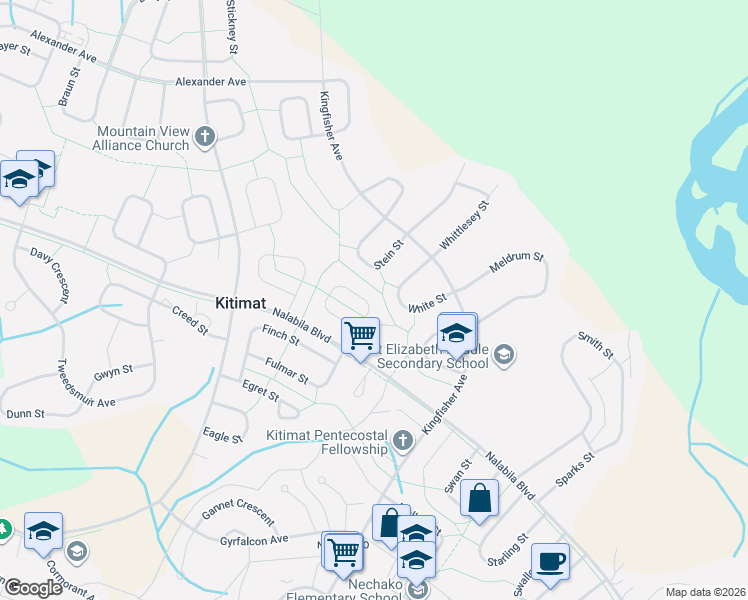 map of restaurants, bars, coffee shops, grocery stores, and more near 33 Swannell Street in Kitimat