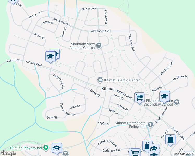 map of restaurants, bars, coffee shops, grocery stores, and more near 30 Clifford Street in Kitimat