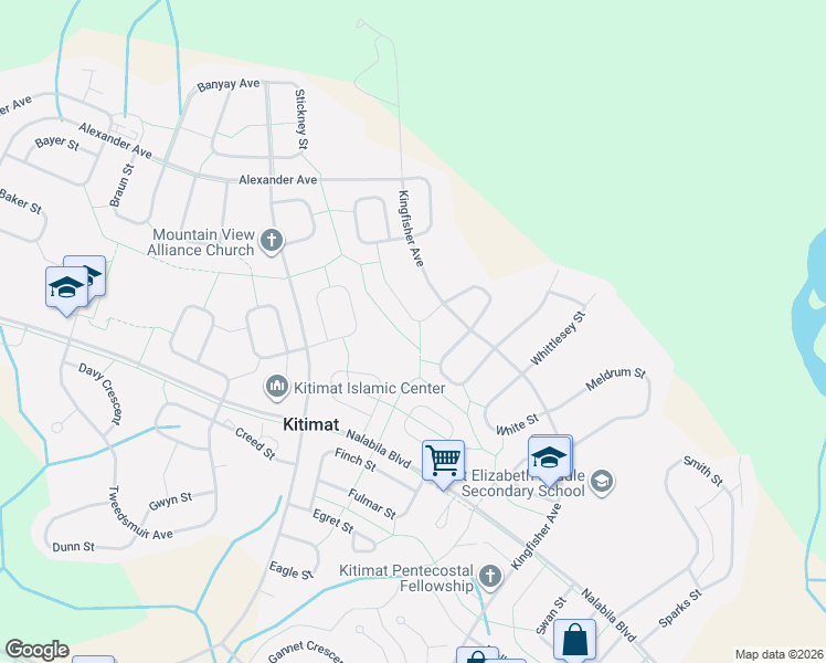 map of restaurants, bars, coffee shops, grocery stores, and more near 16 Morgan Street in Kitimat