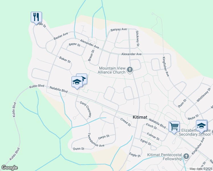 map of restaurants, bars, coffee shops, grocery stores, and more near 84 Carswell Street in Kitimat