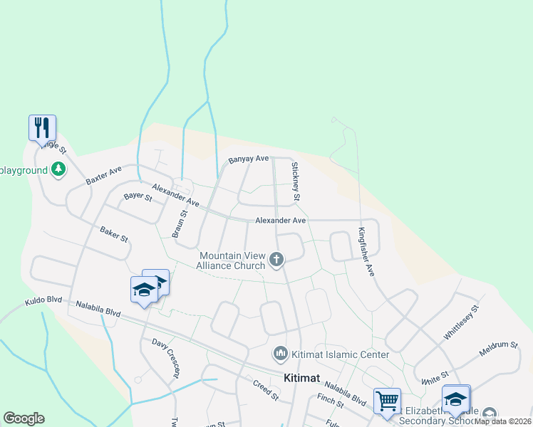 map of restaurants, bars, coffee shops, grocery stores, and more near 59 Hallman Street in Kitimat