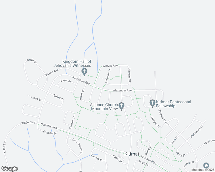 map of restaurants, bars, coffee shops, grocery stores, and more near 39 Hallman Street in Kitimat
