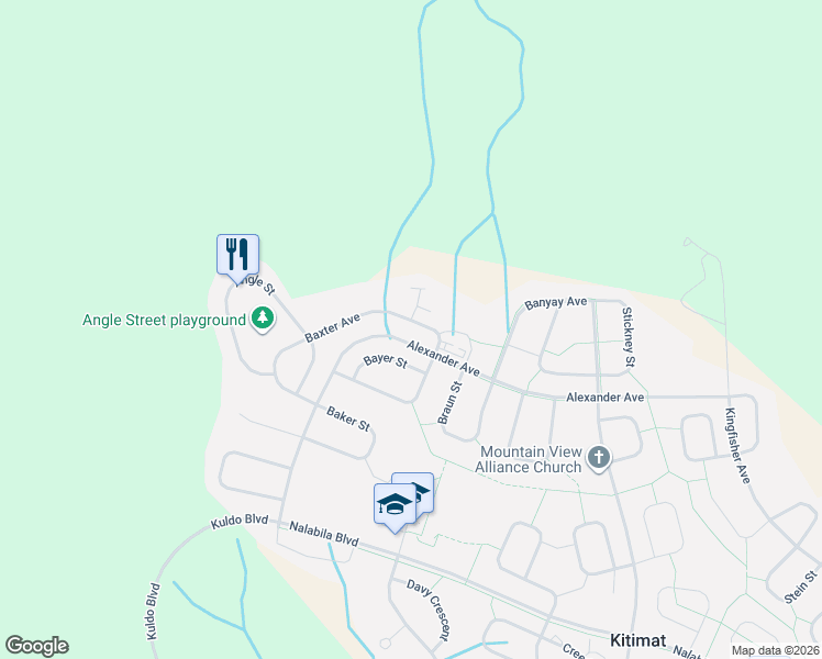 map of restaurants, bars, coffee shops, grocery stores, and more near 115 Baxter Avenue in Kitimat