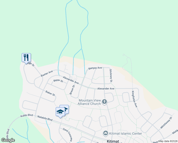 map of restaurants, bars, coffee shops, grocery stores, and more near 29 Banyay Avenue in Kitimat