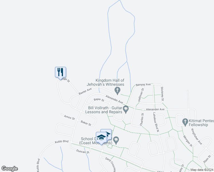 map of restaurants, bars, coffee shops, grocery stores, and more near 111 Baxter Avenue in Kitimat