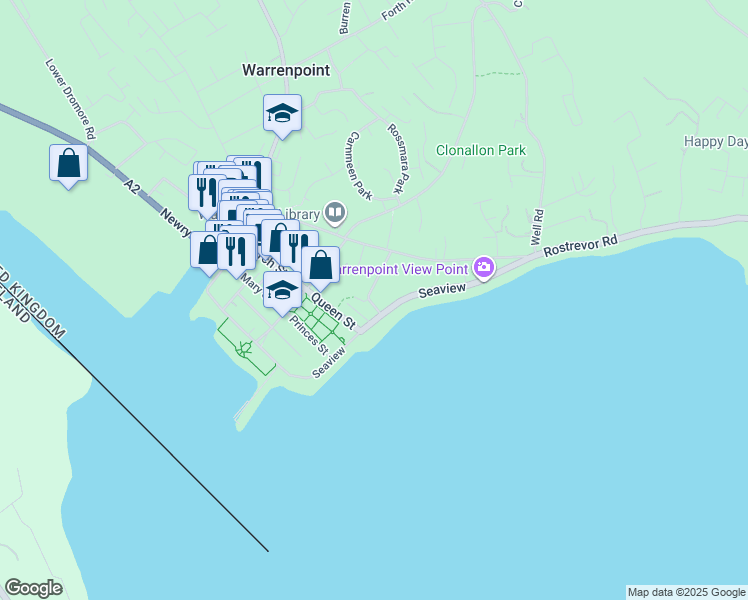 map of restaurants, bars, coffee shops, grocery stores, and more near 2 Slieve Foy Place in Warrenpoint