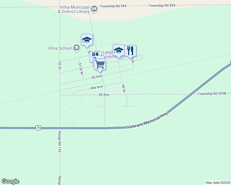 map of restaurants, bars, coffee shops, grocery stores, and more near 4921 49A Avenue in Vilna