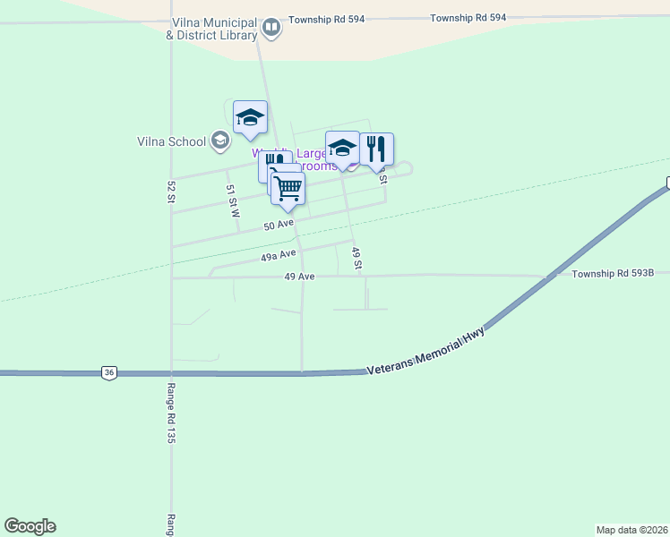 map of restaurants, bars, coffee shops, grocery stores, and more near 4921 49A Avenue in Vilna
