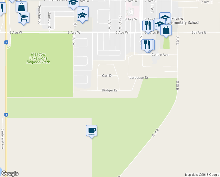 map of restaurants, bars, coffee shops, grocery stores, and more near 27 Bridger Drive in Meadow Lake